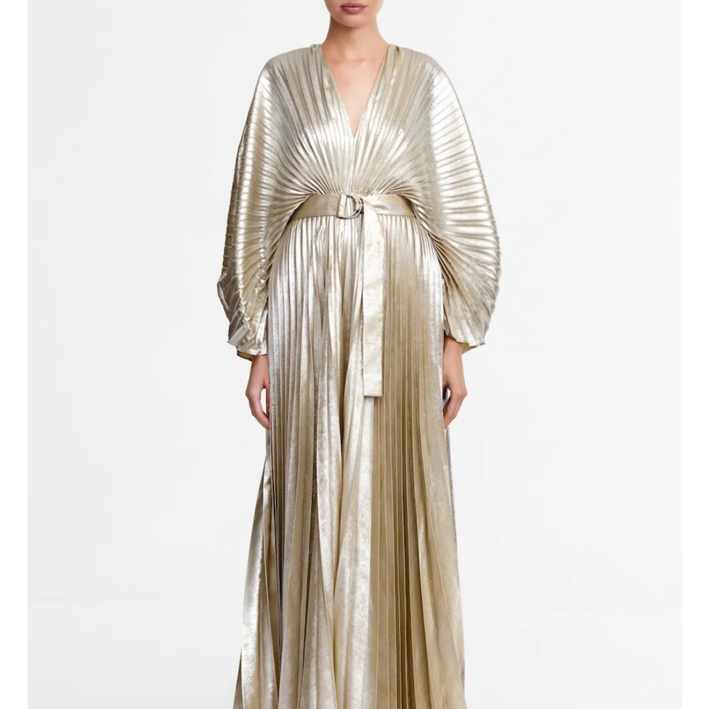 Acler  Westover Metallic Gold/Champagne Long Sleeve Pleated Maxi Dress EUC